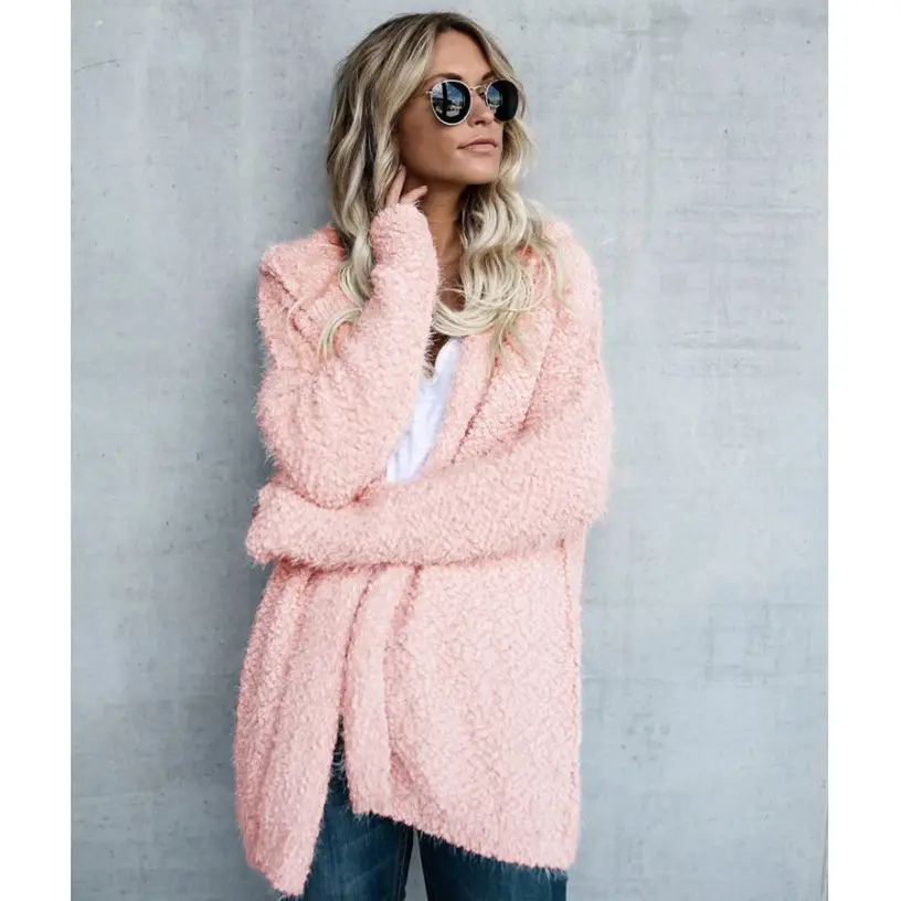 Women Hooded Cardigan Top Coat Grey Winter Outerwear
