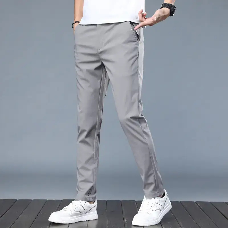 Men Grey Slim Fit Elastic Summer Pants - Image 8