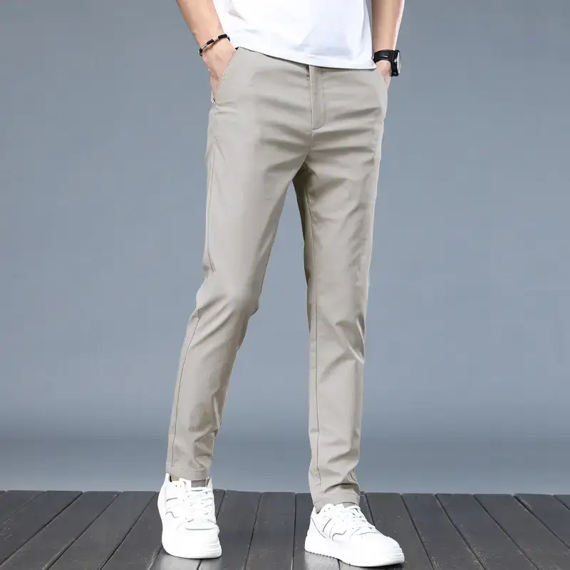 Men Grey Slim Fit Elastic Summer Pants - Image 4