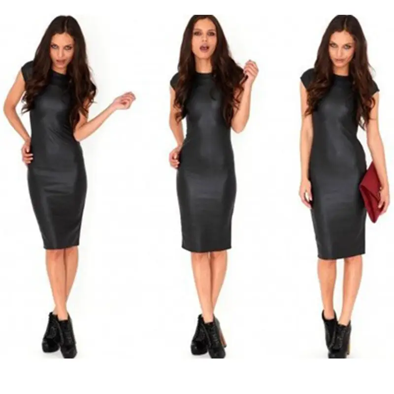 Black Faux Leather Hip Skirt Slim Fit Knee Length - Image 9