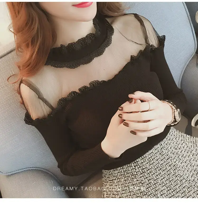 Women Long Sleeve Lace Top White Spinning - Image 3