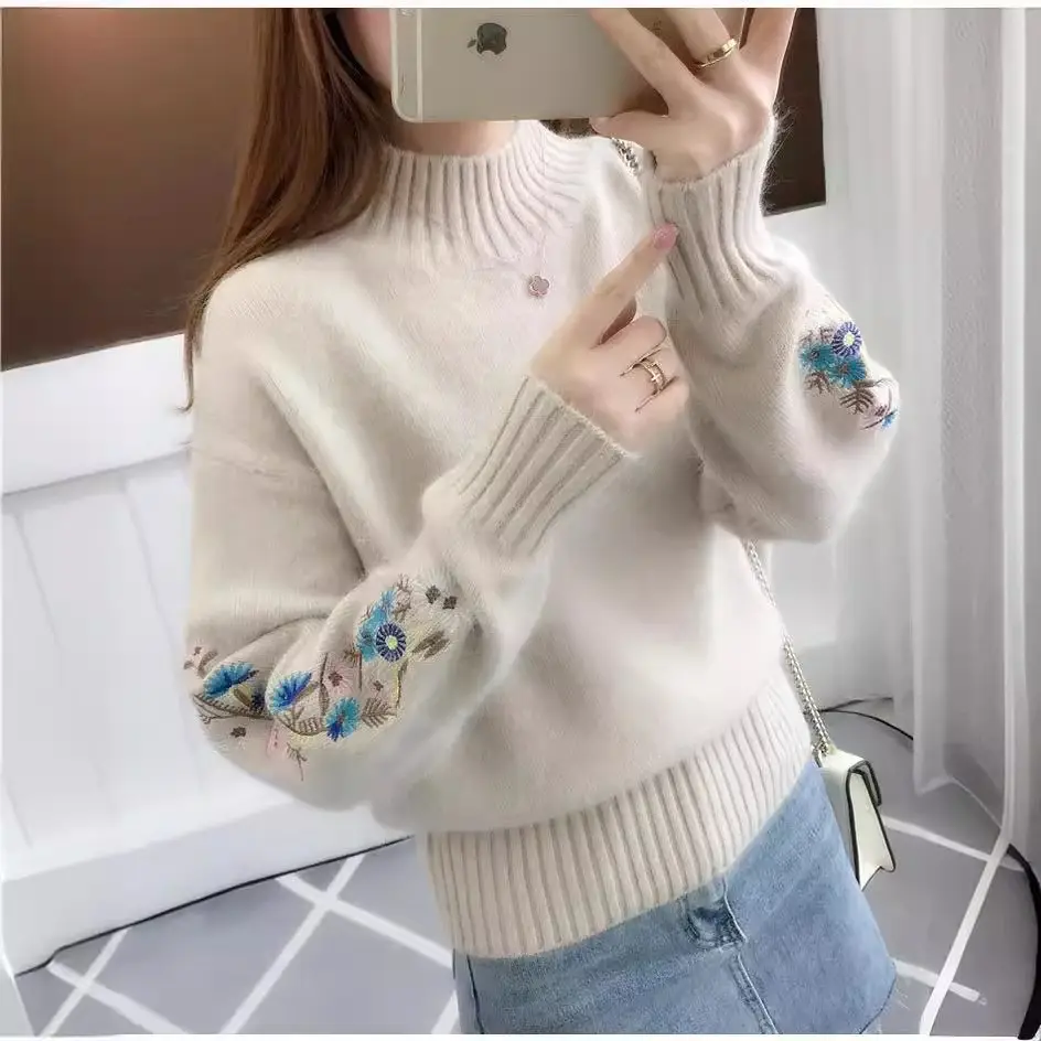 Women Knit Sweater with Embroidered Sleeves Beige - Image 11