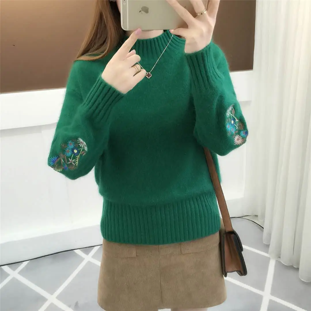 Women Knit Sweater with Embroidered Sleeves Beige - Image 3