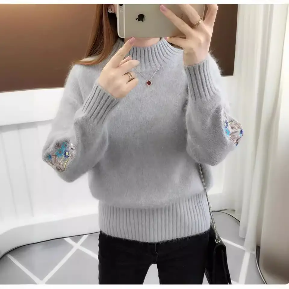 Women Knit Sweater with Embroidered Sleeves Beige - Image 12