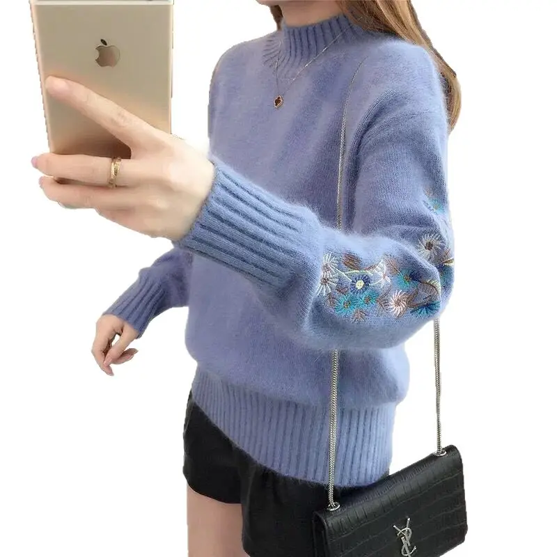 Women Knit Sweater with Embroidered Sleeves Beige - Image 13