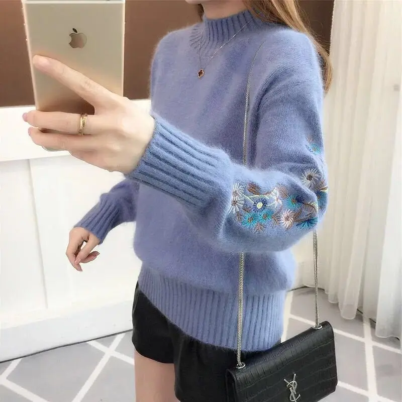 Women Knit Sweater with Embroidered Sleeves Beige - Image 2