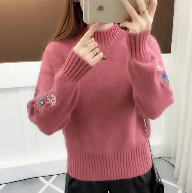 Women Knit Sweater with Embroidered Sleeves Beige - Image 5