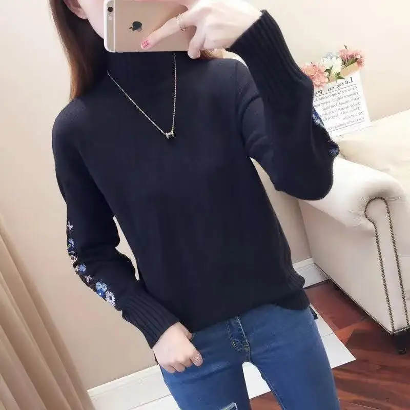 Women Knit Sweater with Embroidered Sleeves Beige - Image 6