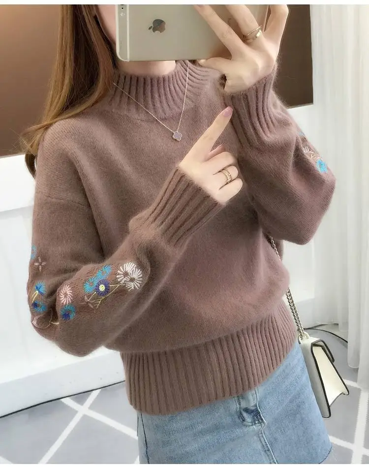 Women Knit Sweater with Embroidered Sleeves Beige - Image 8