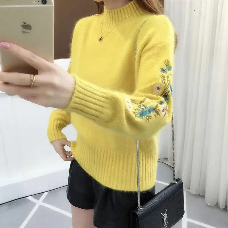 Women Knit Sweater with Embroidered Sleeves Beige - Image 9