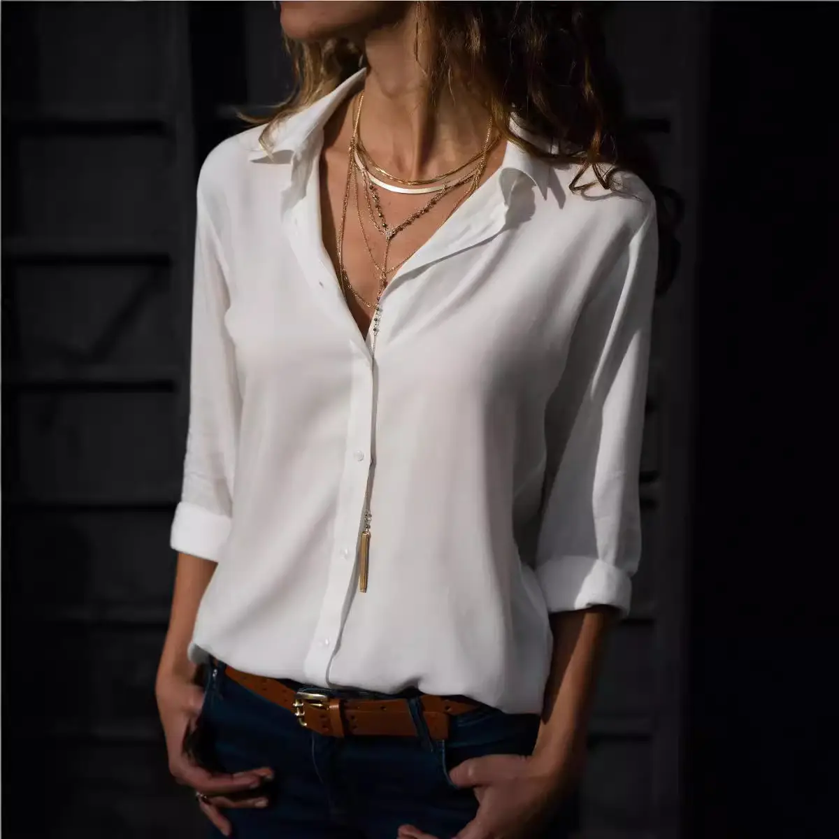 Women's Long Sleeve Chiffon Shirt White Deep V Button - Image 11