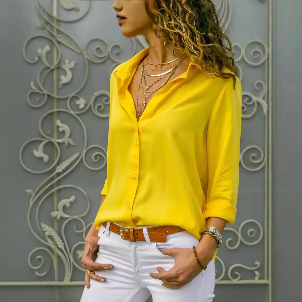 Women's Long Sleeve Chiffon Shirt White Deep V Button - Image 12