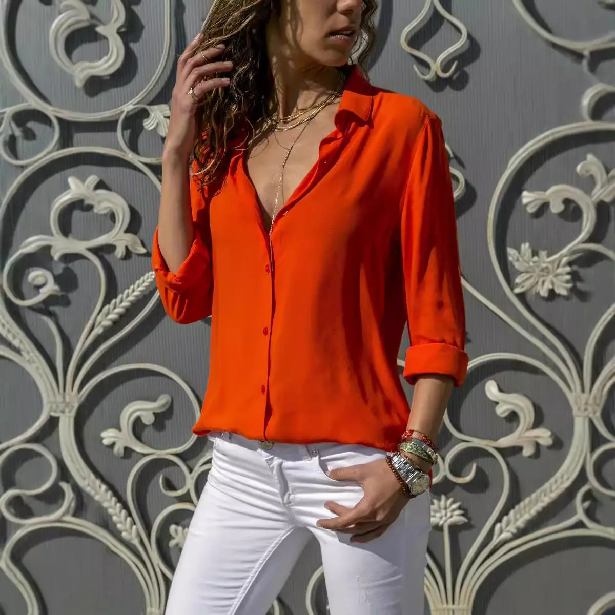 Women's Long Sleeve Chiffon Shirt White Deep V Button - Image 13