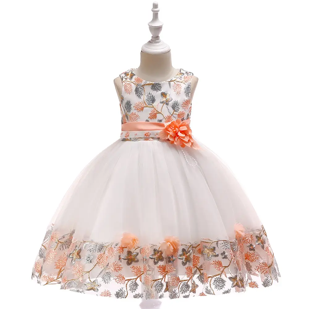Children's Embroidered Petal Dress White Orange
