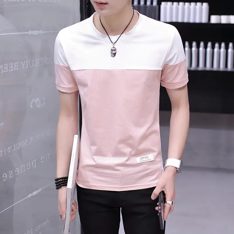 Men Cotton T-Shirt White Pink Half Sleeve Summer - Image 5