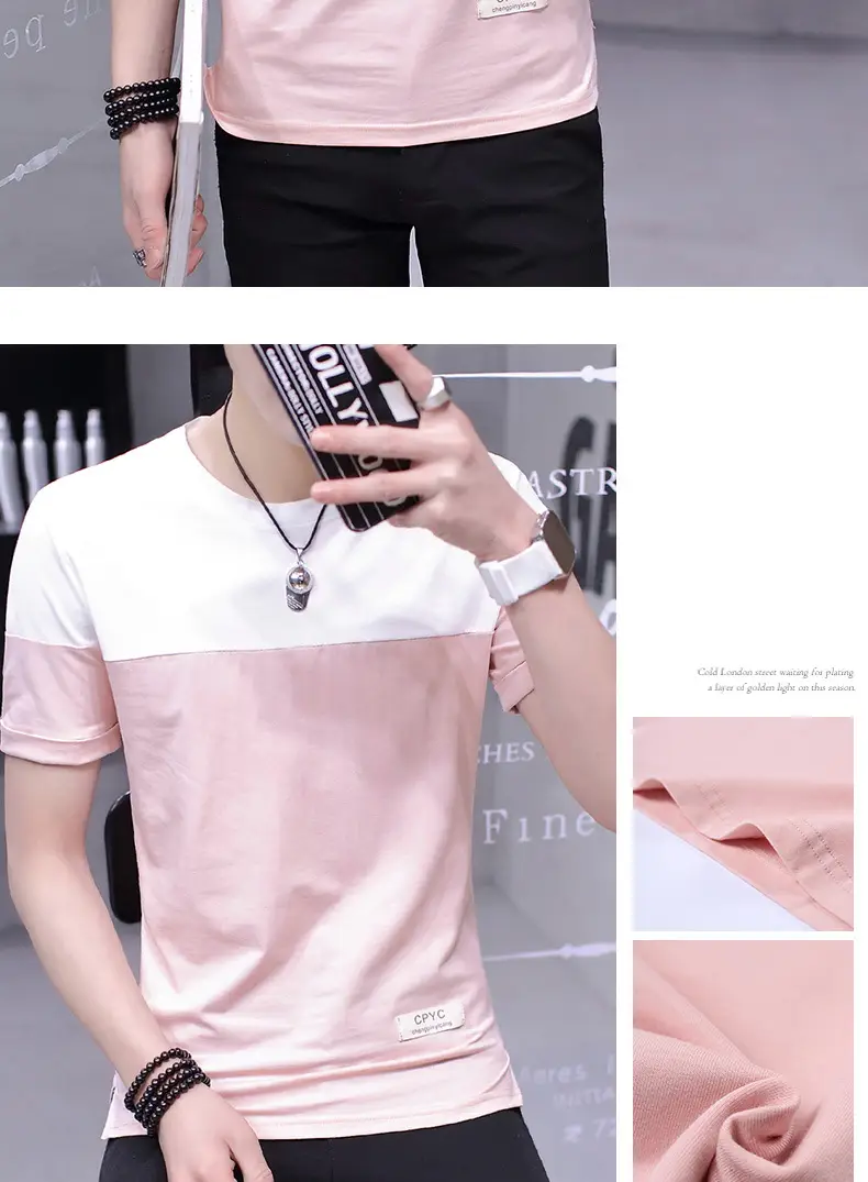 Men Cotton T-Shirt White Pink Half Sleeve Summer — feature 10