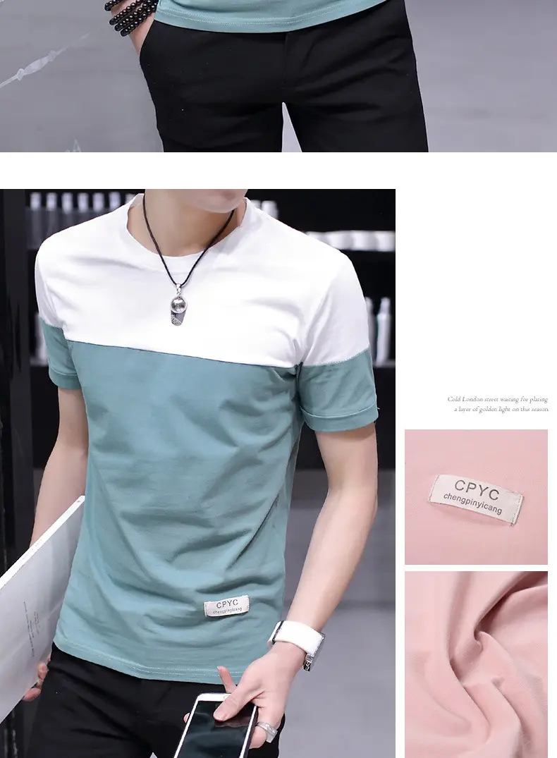 Men Cotton T-Shirt White Pink Half Sleeve Summer — feature 5