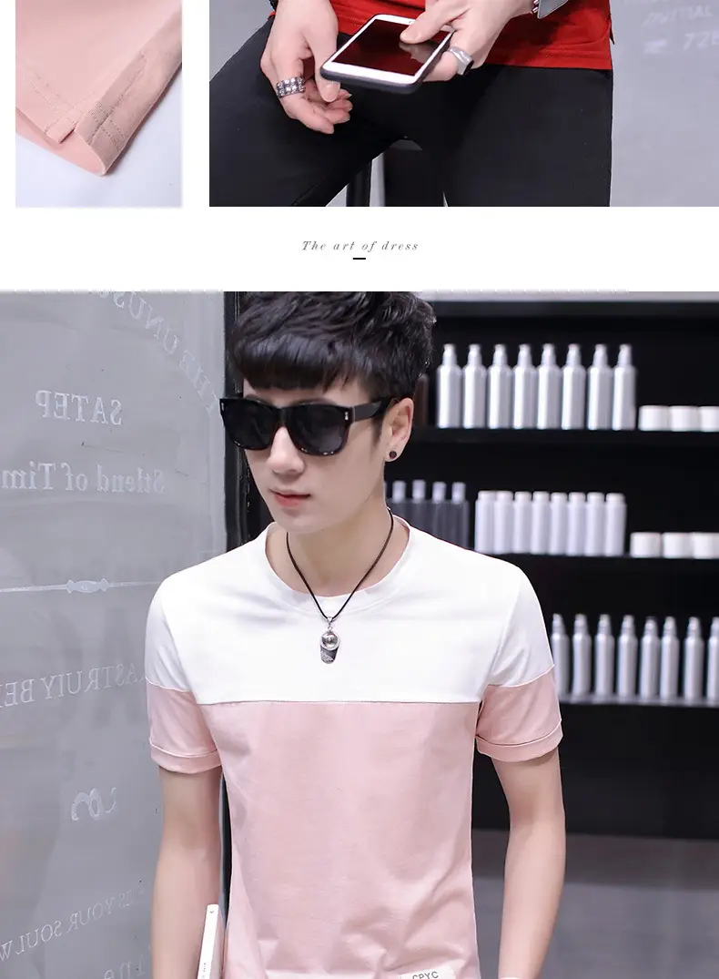 Men Cotton T-Shirt White Pink Half Sleeve Summer — feature 8
