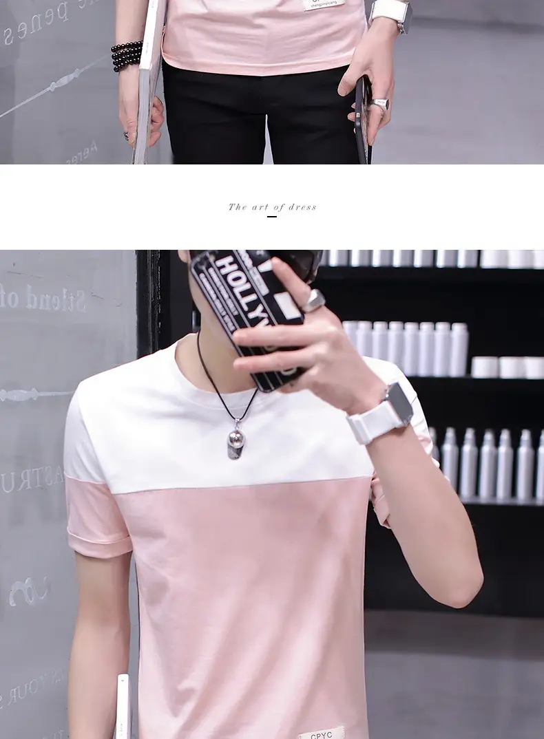 Men Cotton T-Shirt White Pink Half Sleeve Summer — feature 9