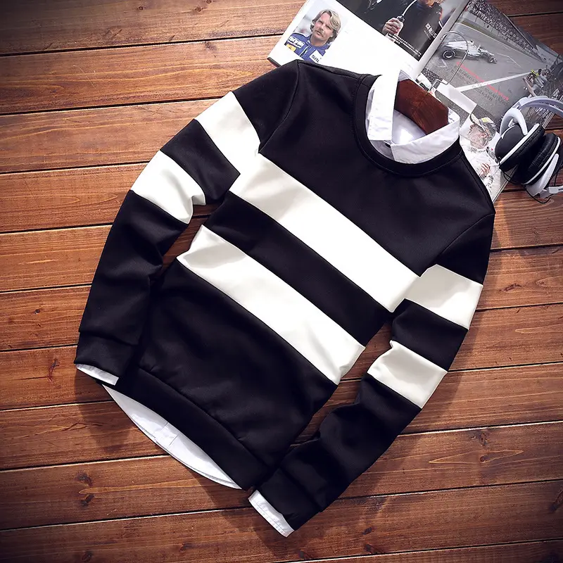 Men's 2018 Striped Long Sleeve T-Shirt Black White - Image 2