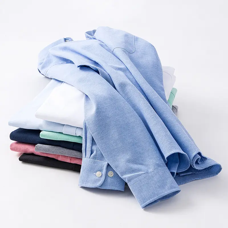 Men's Blue Oxford Long Sleeve Shirt Solid Color - Image 11