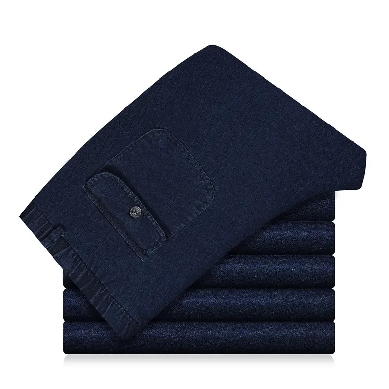 Thin Blue Elastic Waist Denim Pants for Men