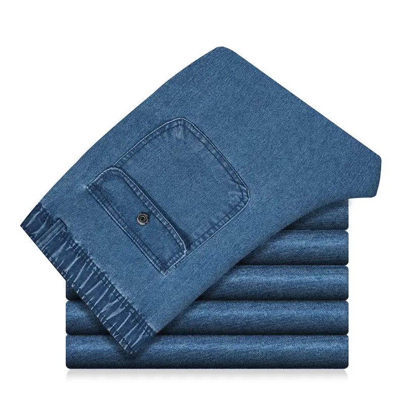 Thin Blue Elastic Waist Denim Pants for Men