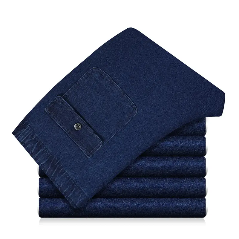 Thin Blue Elastic Waist Denim Pants for Men