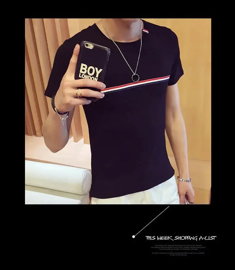 Korean Boys Slim Striped T-Shirt Black 2018 - Image 5