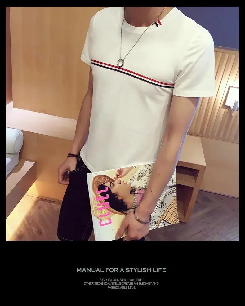 Korean Boys Slim Striped T-Shirt Black 2018 - Image 7