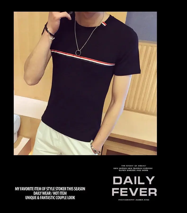 Korean Boys Slim Striped T-Shirt Black 2018 — feature 12