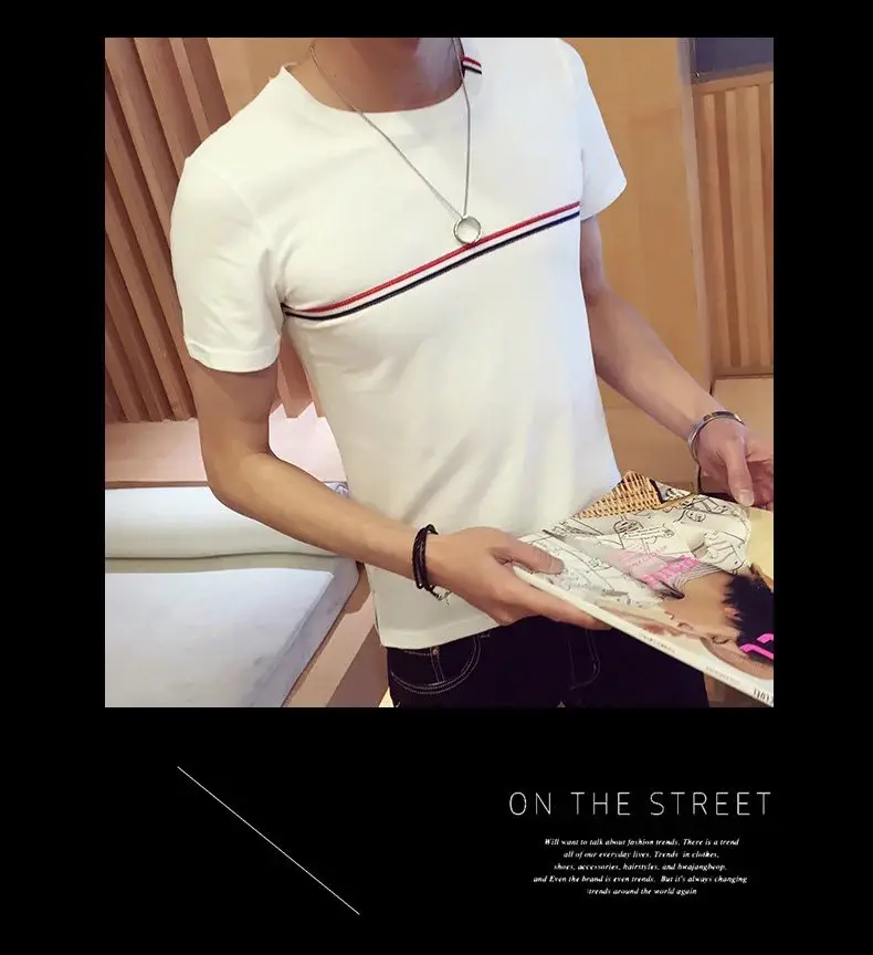 Korean Boys Slim Striped T-Shirt Black 2018 — feature 4