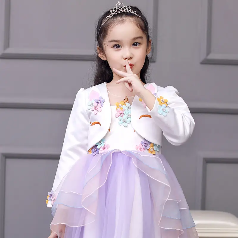 Girls Unicorn Embroidered Cardigan Dress White Purple - Image 3