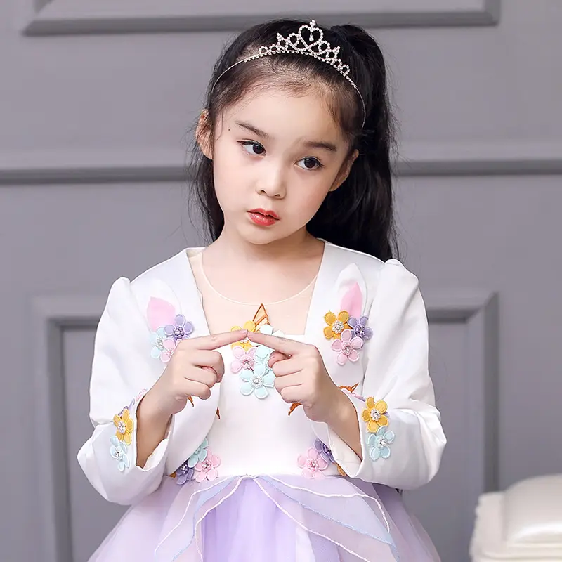 Girls Unicorn Embroidered Cardigan Dress White Purple - Image 4