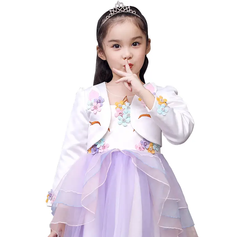 Girls Unicorn Embroidered Cardigan Dress White Purple - Image 6