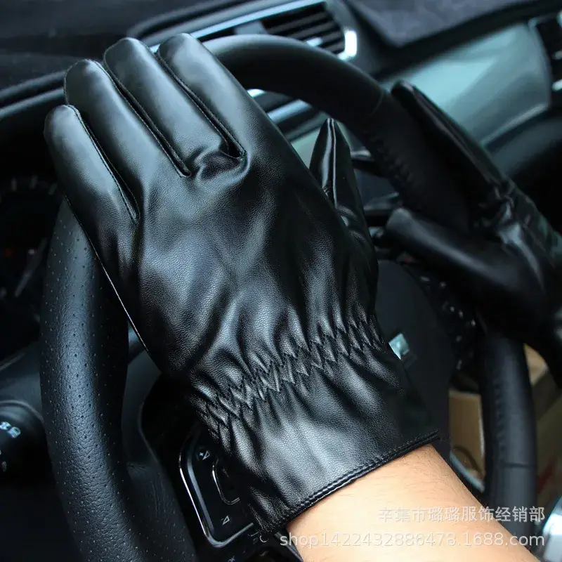 Men's Touch Screen Leather Winter Gloves Electric Car Warm Waterproof - Image 2