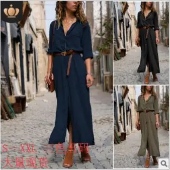 Blue Long Sleeve Slit Skirt with Belt for Women - Image 7
