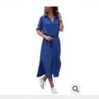 Blue Long Sleeve Slit Skirt with Belt for Women - Image 9