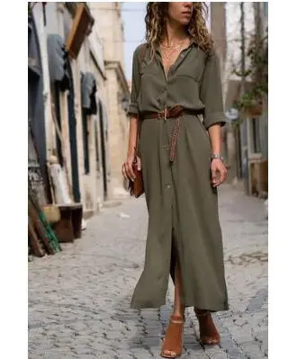 Blue Long Sleeve Slit Skirt with Belt for Women - Image 2