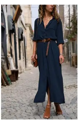 Blue Long Sleeve Slit Skirt with Belt for Women - Image 3