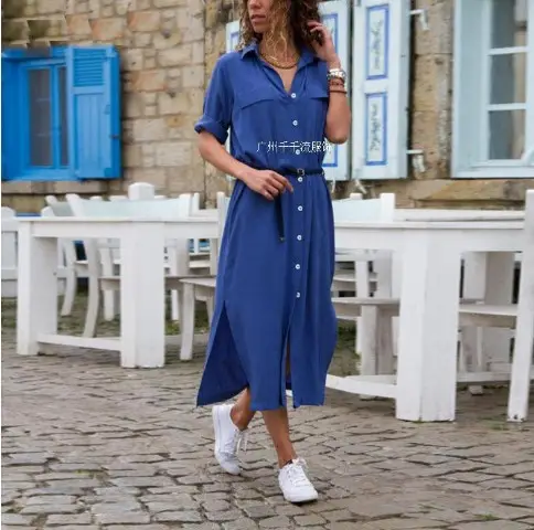 Blue Long Sleeve Slit Skirt with Belt for Women - Image 5