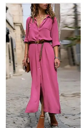 Blue Long Sleeve Slit Skirt with Belt for Women - Image 6