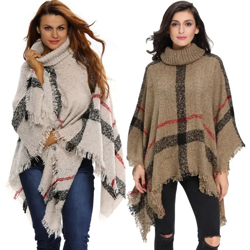 Women's Red Knit Shawl High Neck Tassel Cape Large - Image 7