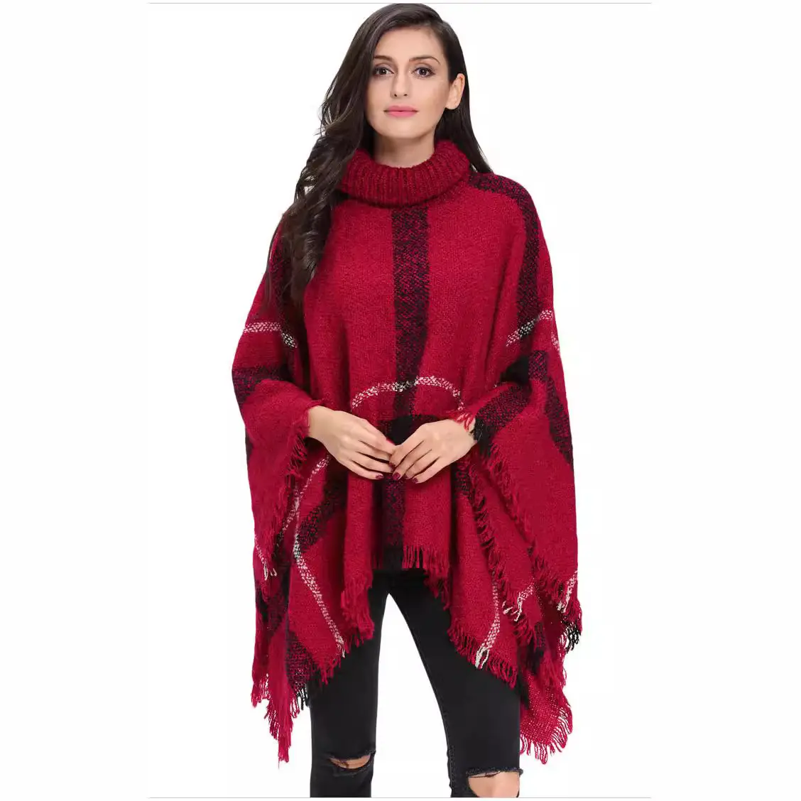 Women's Red Knit Shawl High Neck Tassel Cape Large - Image 8