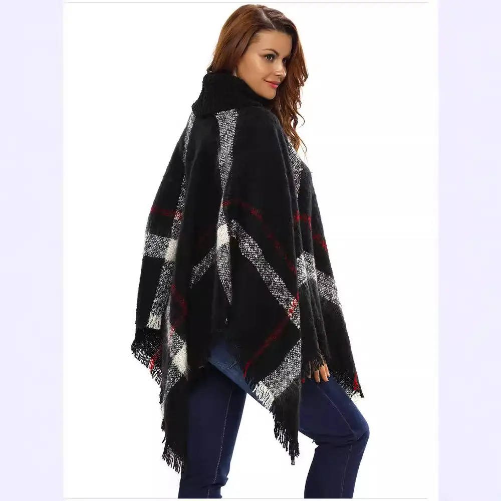 Women's Red Knit Shawl High Neck Tassel Cape Large - Image 9
