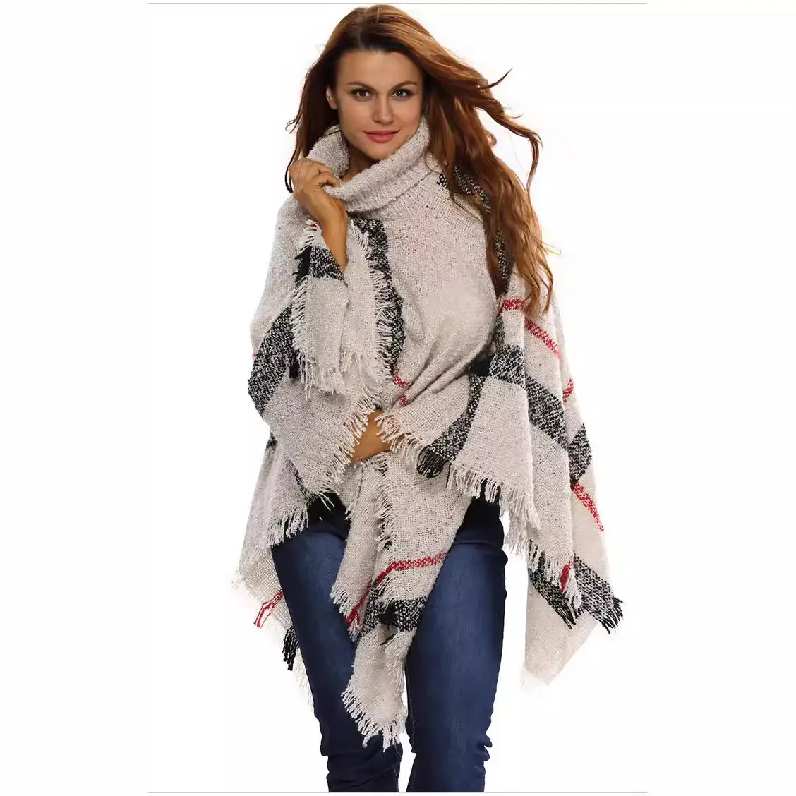 Women's Red Knit Shawl High Neck Tassel Cape Large - Image 10