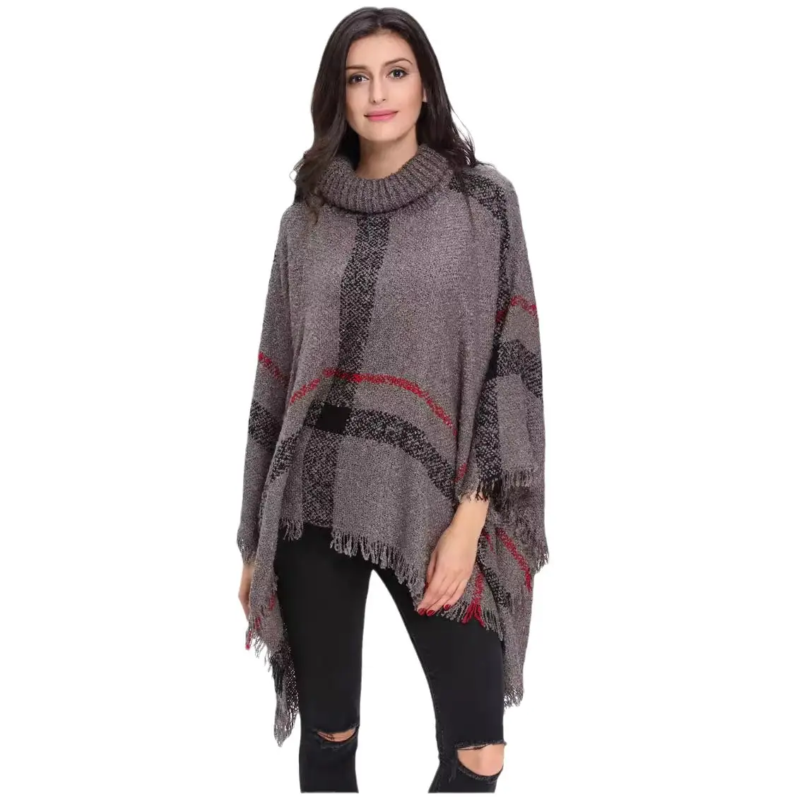 Women's Red Knit Shawl High Neck Tassel Cape Large - Image 11
