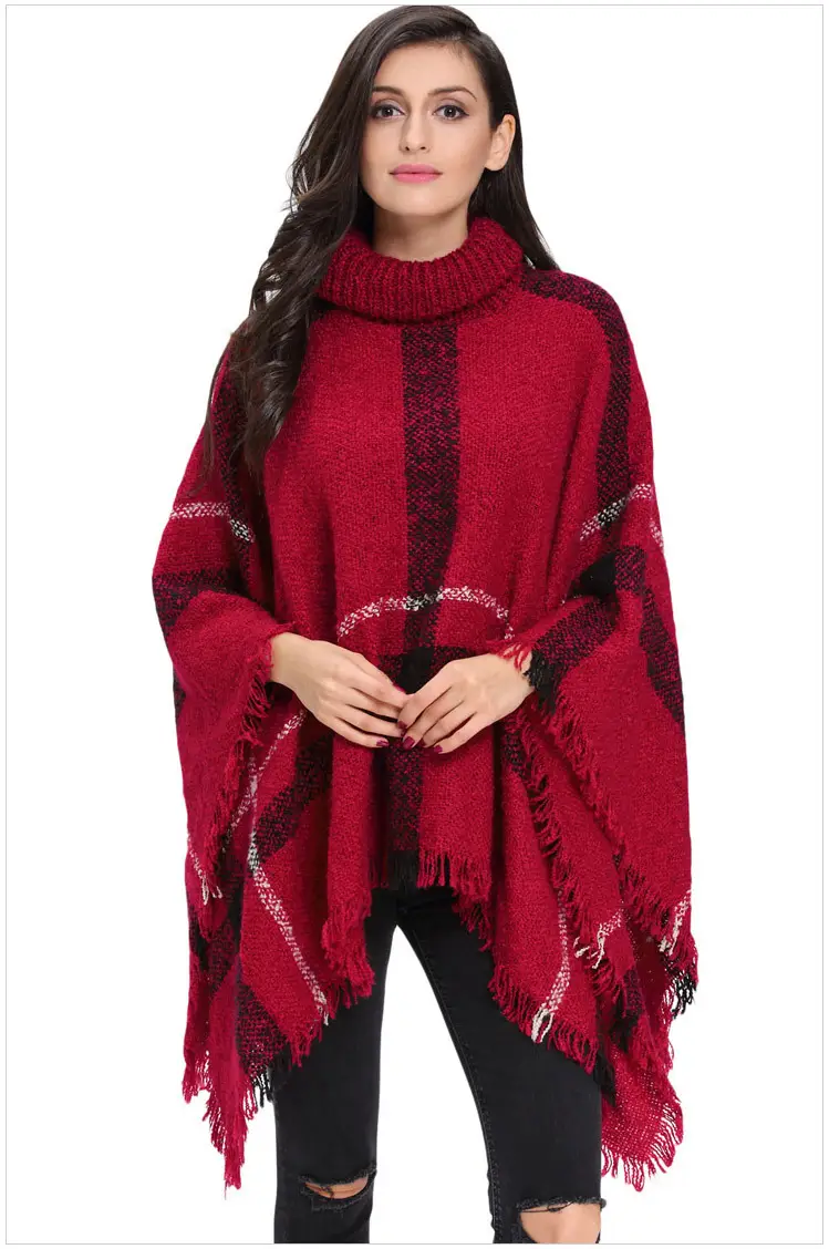 Women's Red Knit Shawl High Neck Tassel Cape Large - Image 2