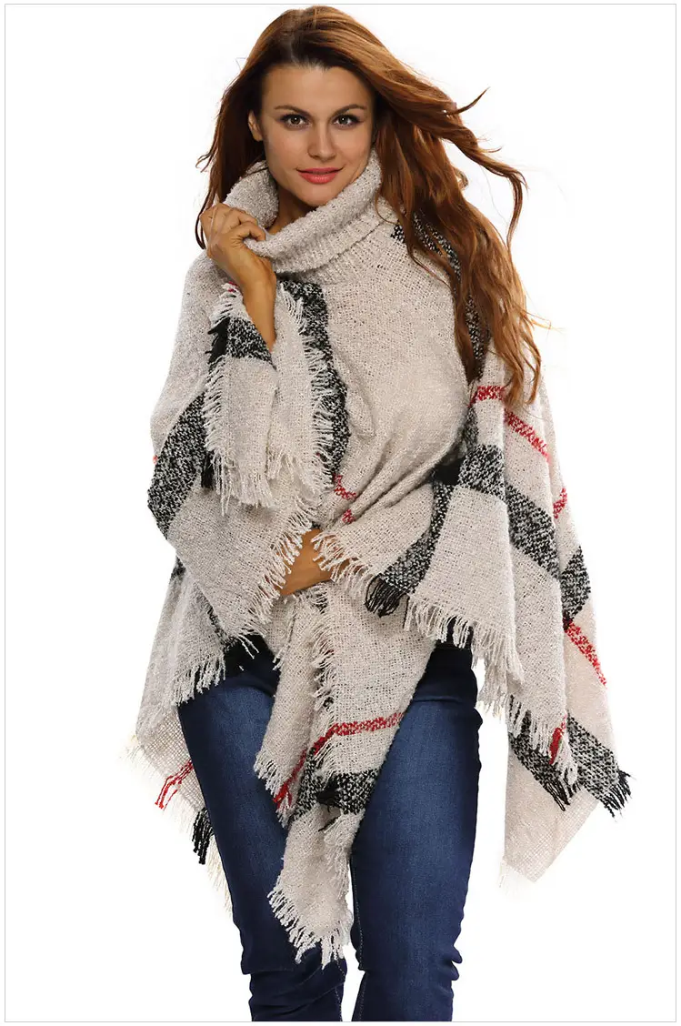 Women's Red Knit Shawl High Neck Tassel Cape Large - Image 5
