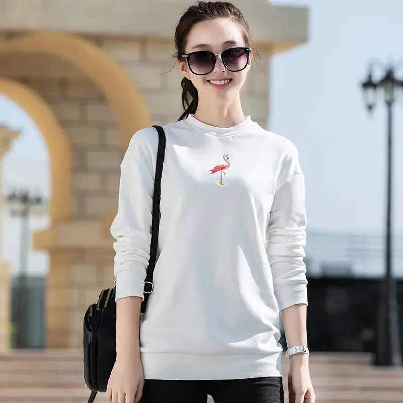 Women's Black Crewneck Sweatshirt with Embroidered Flamingo Design - Image 3